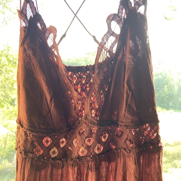 Free People Adela Lace Mini Dress in Mocha Size L - Picture 7 of 10